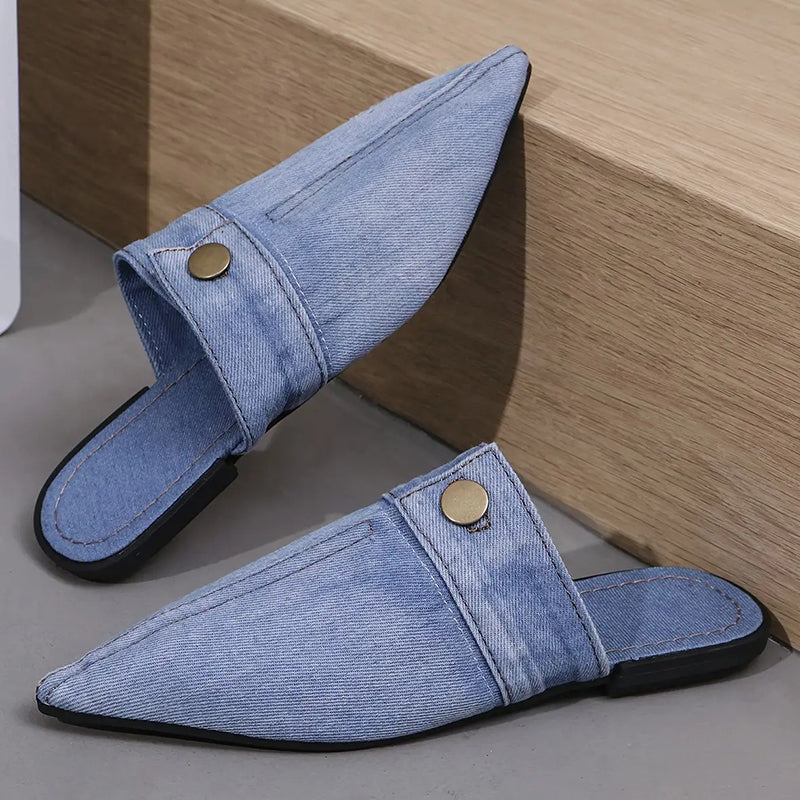 Flat Pointed Toe Denim Slippers