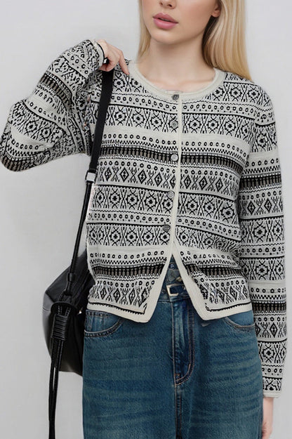 Jacquard Crew Neck Button Knit Cardigan