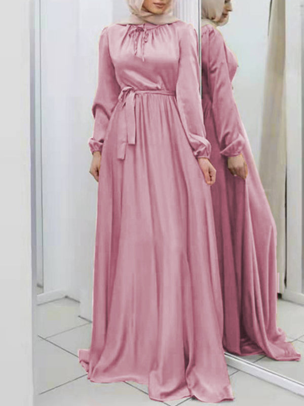 Long Sleeves Loose Pleated Color Tied Waist Maxi Dresses
