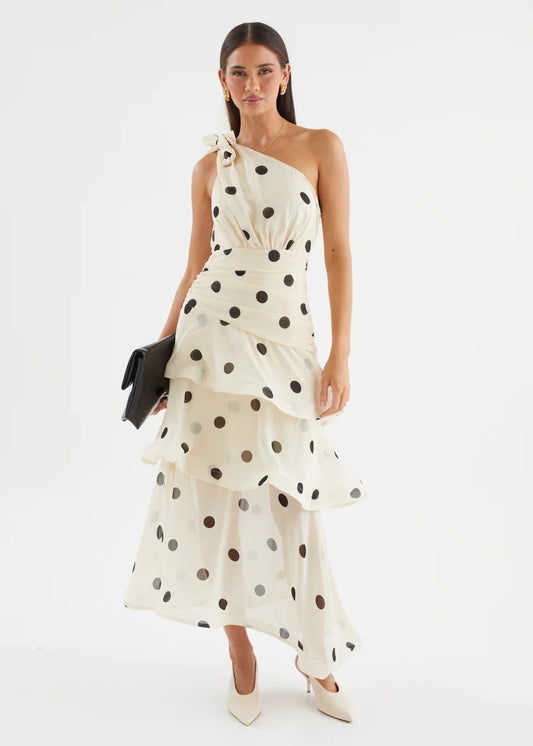 Polka Dot One-shoulder Ruffle Maxi Dress