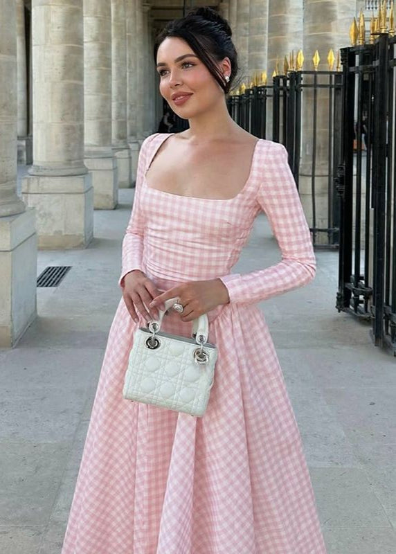 Pink Gingham Long Sleeve Midi Dress – Square Neck Fit and Flare