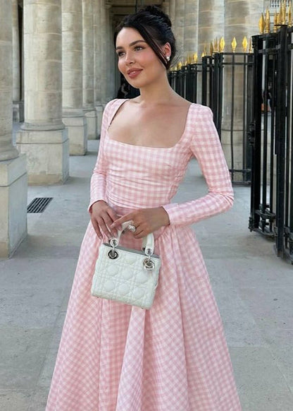 Pink Gingham Long Sleeve Midi Dress – Square Neck Fit and Flare