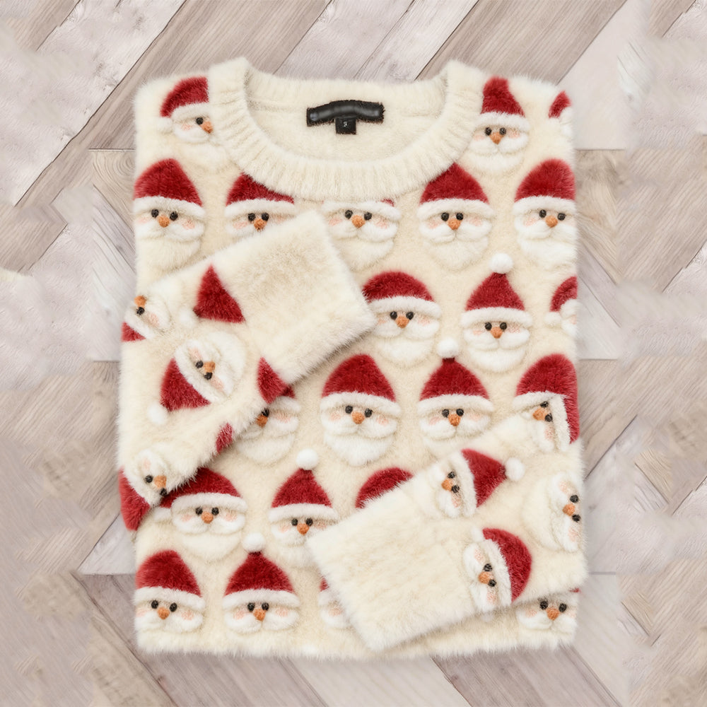 Vintage Christmas Santa Claus Embroidered Plush Sweater artswardrobe
