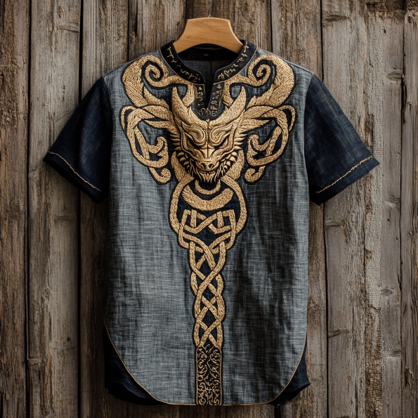 Men's  Viking Tribal Dragon With Celtic Knotwork Embroidery Art  Linen Round Neck T-shirt elevenforest