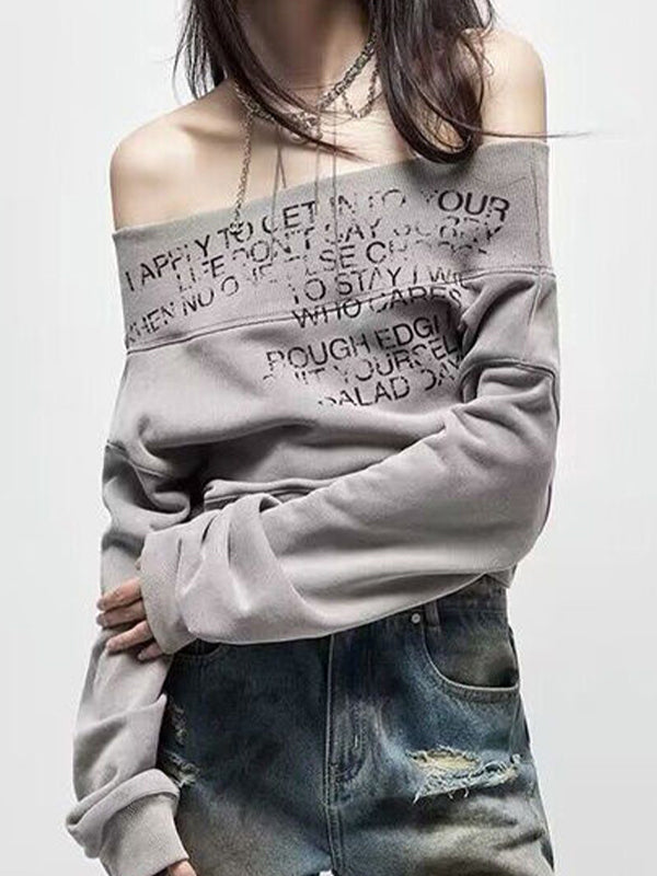 Gray Letter Print Off Shoulder Sweatshirt