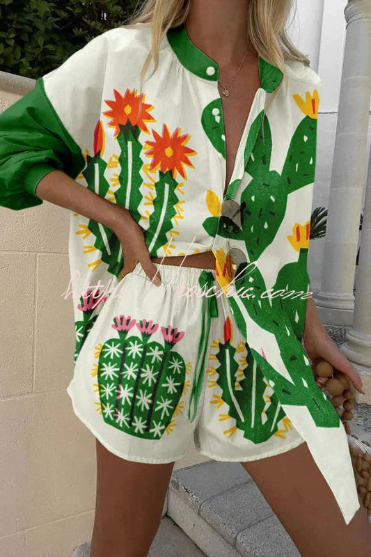 Contrasting Cactus Print Button Pocket Lace Up Shorts Set
