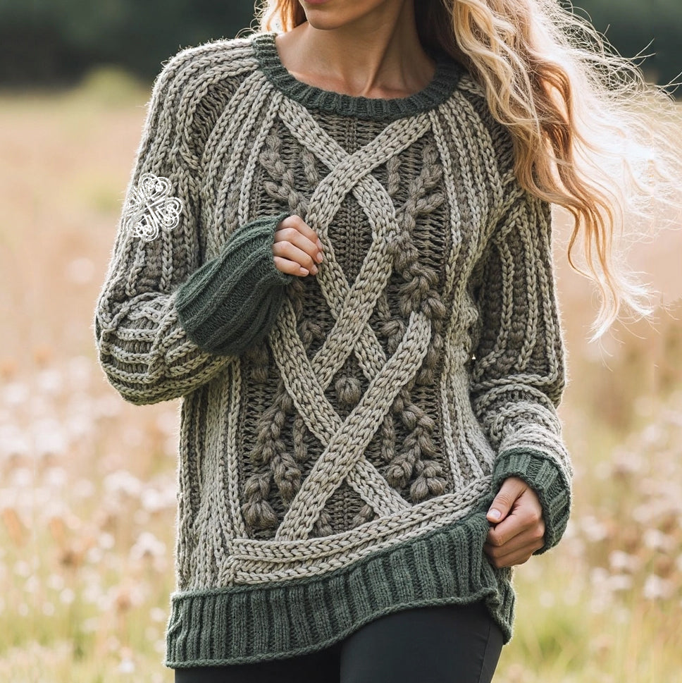 Women's Celtic Knot Jacquard Contrast Crew Neck Sweater elevenforest