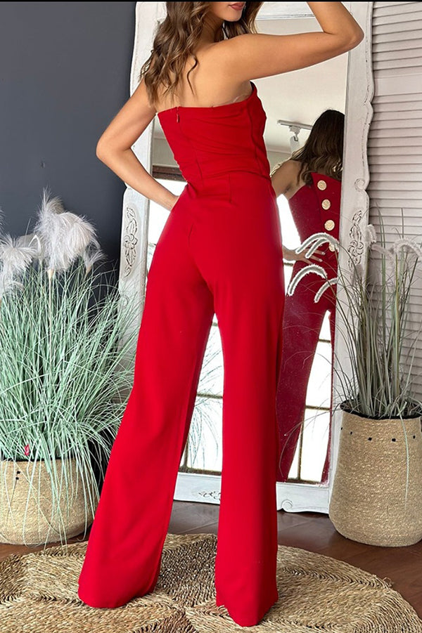 Color Tube Top Gold Button Embellished Bootcut Jumpsuit