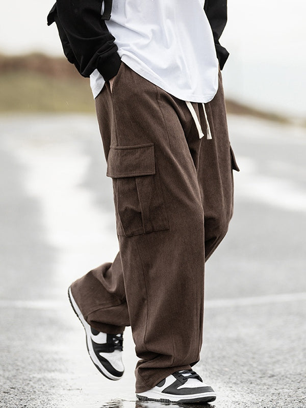 Brown Corduroy Flap Pocket Lace Up Cargo Pants