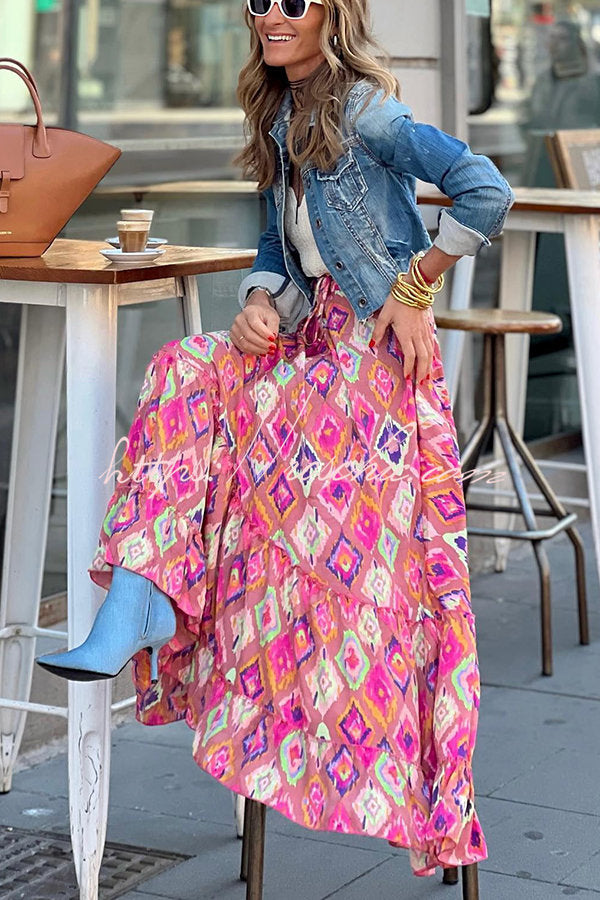 Courtyard Dreaming Print Elastic Waist Tassel Maxi Skirt