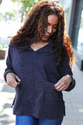 Martina® | Easy Living Charcoal textured knit sweater with a notched neckline and oversized collar