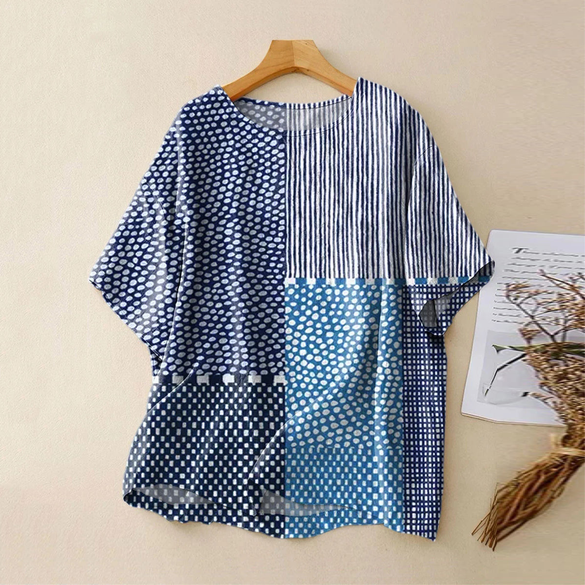 Women's Retro Abstract Polka Dot Texture Art Print Casual Linen T-shirt elevenforest