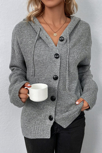 Color Hooded Button Drawstring Knit Cardigan