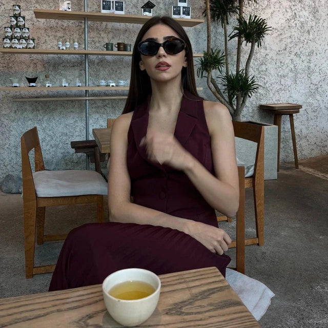 Trauxy Summer New Pleated Skirt Suit for Slim Sleeveless Short Vest Top Long Skirt High Waist Two Pieces Set