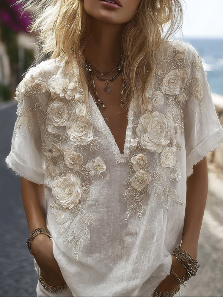 Ladies' Floral V-neck Vintage White Linen Short-sleeved Shirt elevenforest
