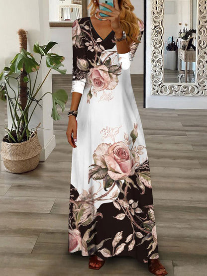 Loose Wrap Contrast Color Flower Print V-neck Maxi Dresses