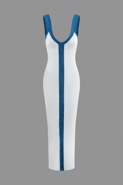 Colorblock V Neck Knit Slim Split Maxi Dress