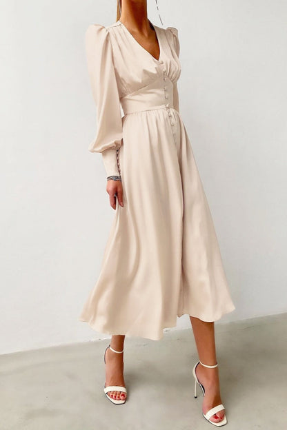 Satin Puff Sleeve Tailored Midi Dress