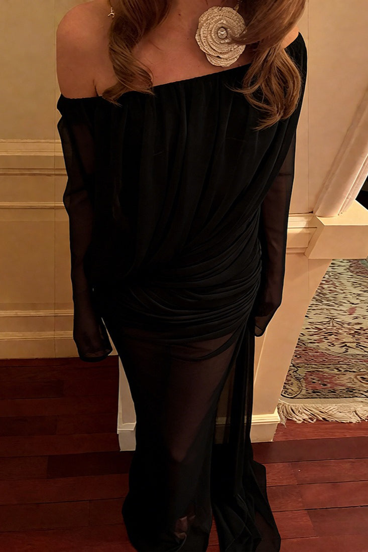 Mesh Sheer Off Shoulder Ruched Maxi Dress