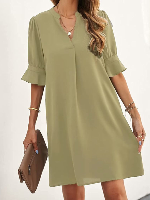 A-line Flared Sleeves Pleated Ruffled Color Split-joint V-neck Mini Dresses