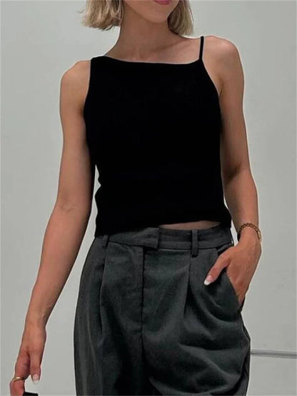 Black Ribbed T-shirt Top for Pullover Spaghetti Patchwork Sleeveless Summer Slim Body Top Female