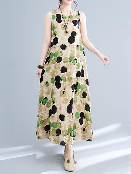 Loose Sleeveless Printed Split-joint Round-neck Maxi Dresses