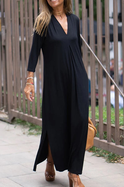 Color V-neck Slit Maxi Dress