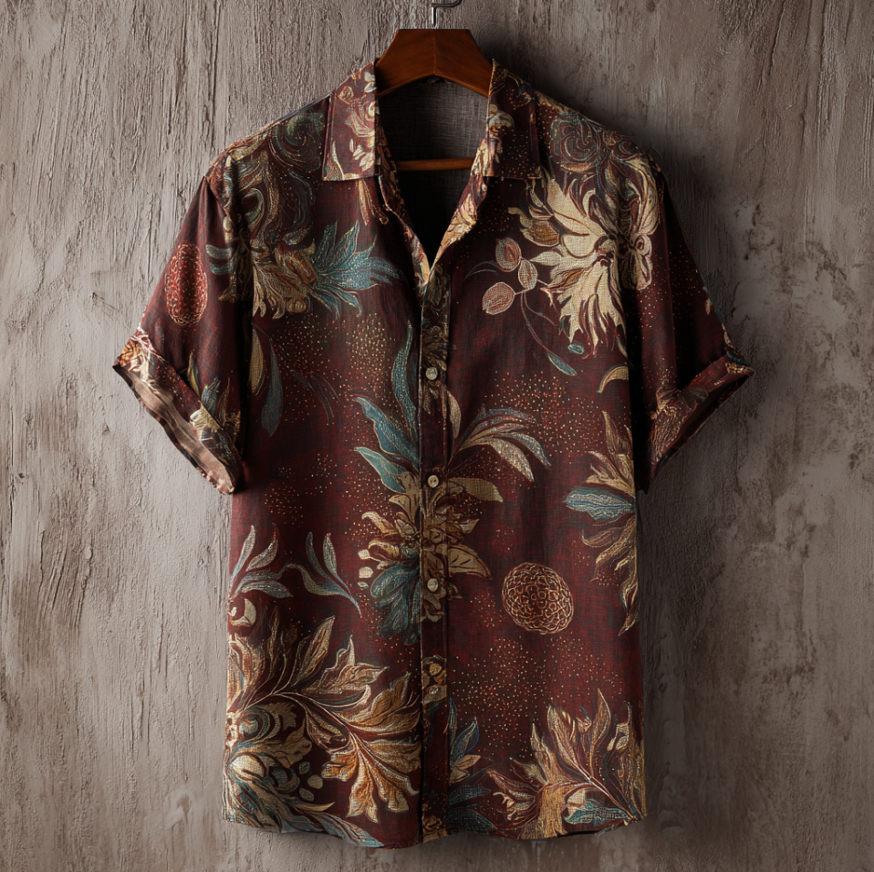 Bohemian Style Plant And Flower Pattern Men's Retro Cotton And Linen Shirt elevenforest