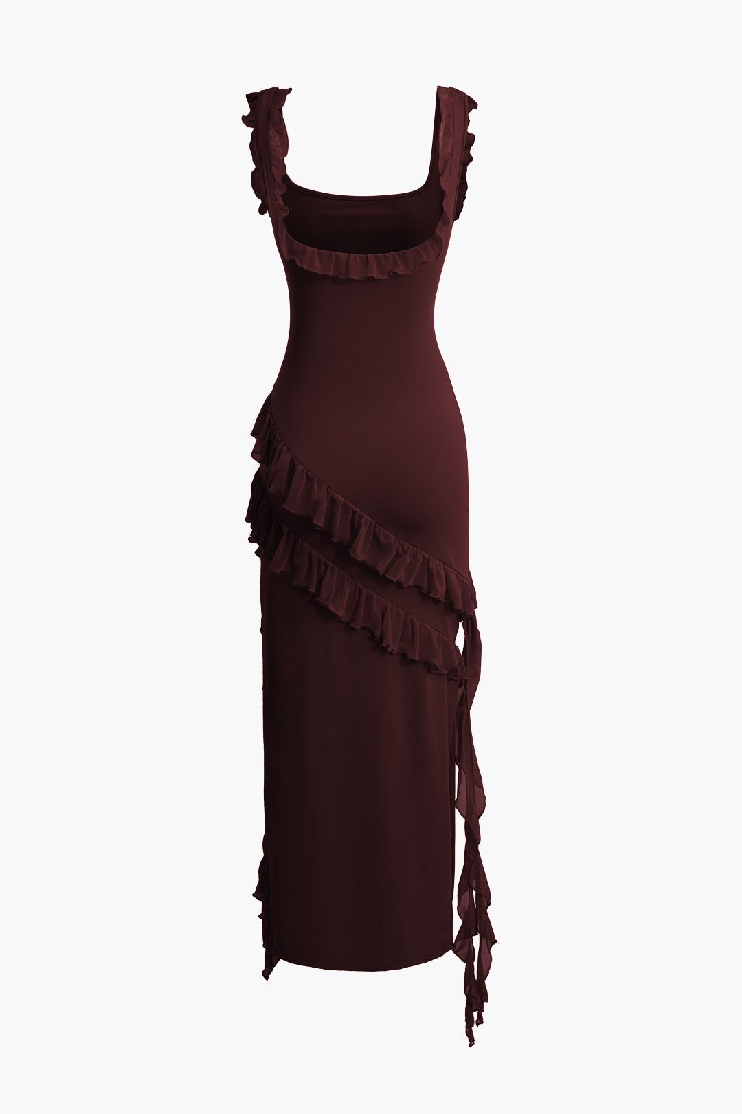 Color Ruffle Trim Slit Sleeveless Maxi Dress