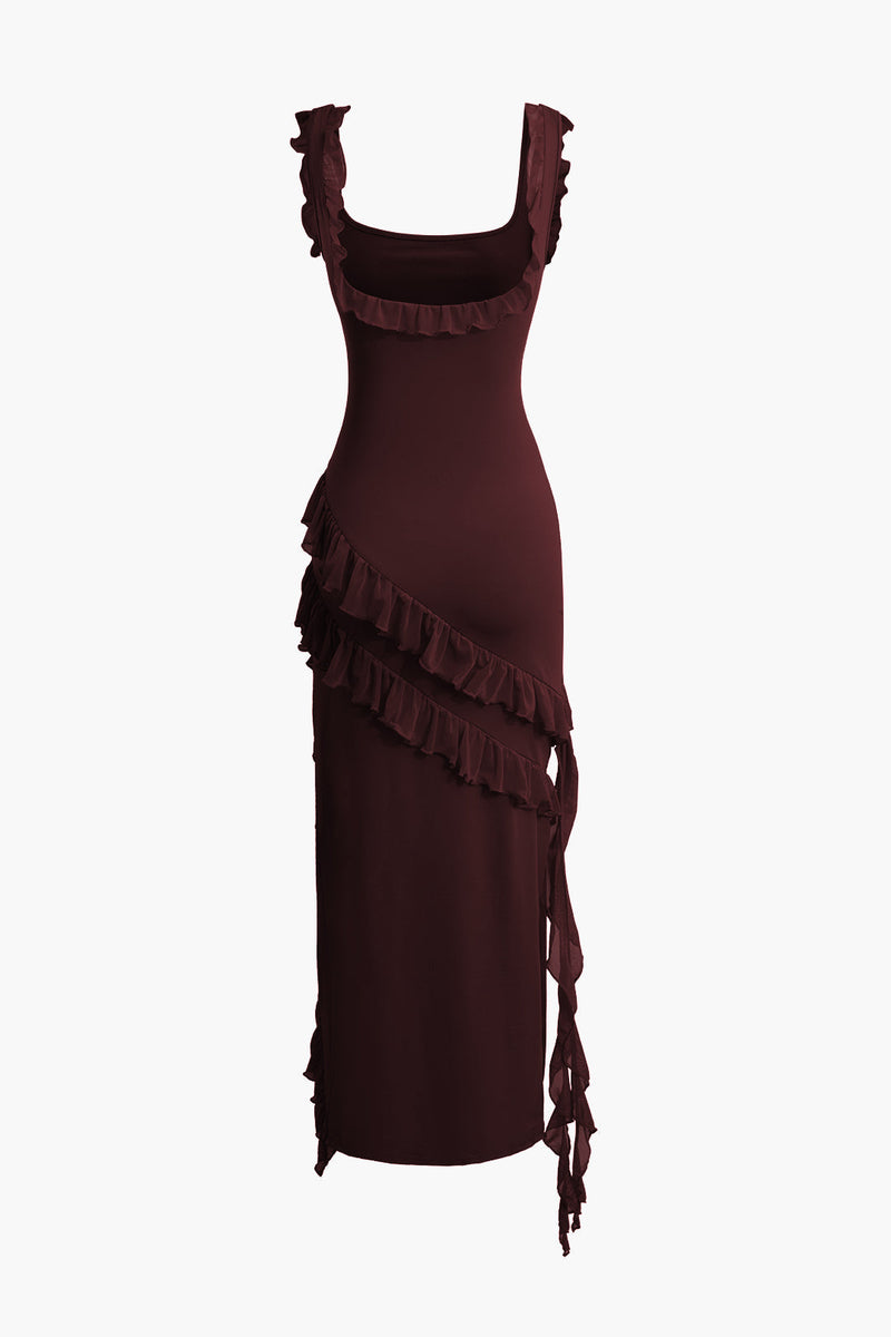 Color Ruffle Trim Slit Sleeveless Maxi Dress