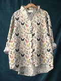 Farm Chicken & Floral Print Ruffled Linen Shirt elevenforest