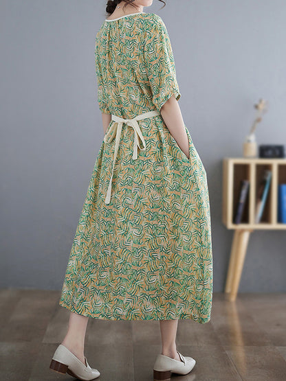 Loose Short Sleeves Hollow Pleated Printed Split-joint Round-neck Midi Dresses