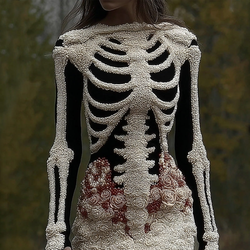 Comstylish Women's Vintage Halloween Skeleton Bones With Rose Art Cozy Knit Mini Sweater Dress