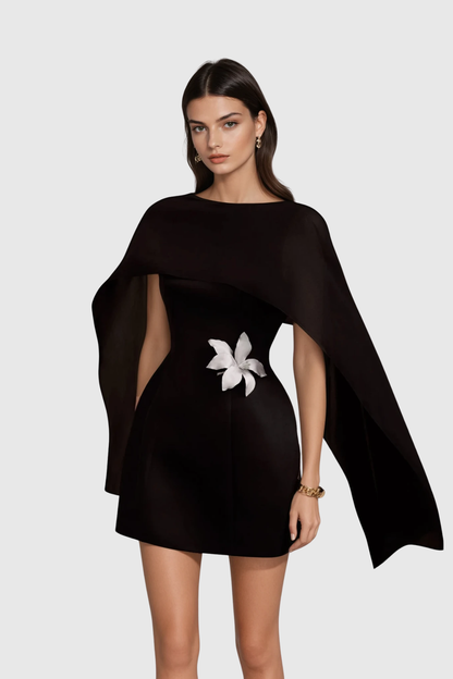 Davina Shawl Flower Mini Dress in Black