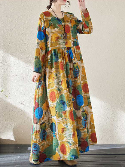 A-line Long Sleeves Pleated Polka-dot Split-joint Round-neck Maxi Dresses