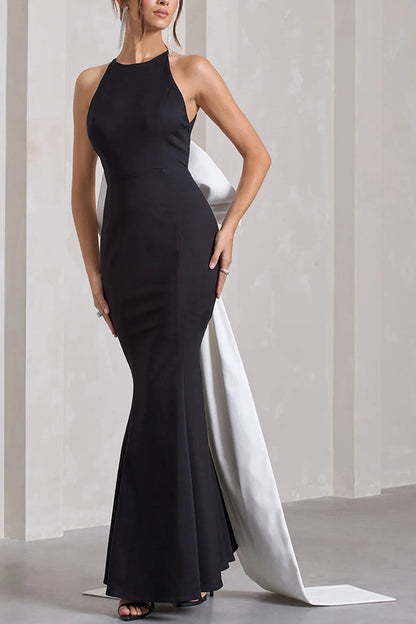 Statement Racer Neck Back Oversized Bow Hem Backless Maxi Dress