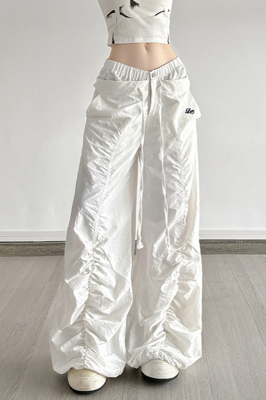White Drawstring Wide-leg Cargo Pant