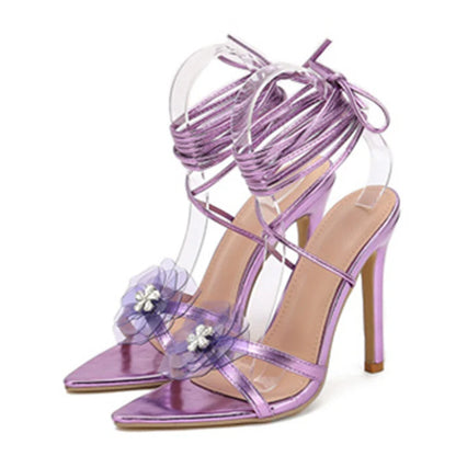 Liyke Purple Crystal Flower Strappy Heels – ’s Summer Sandal