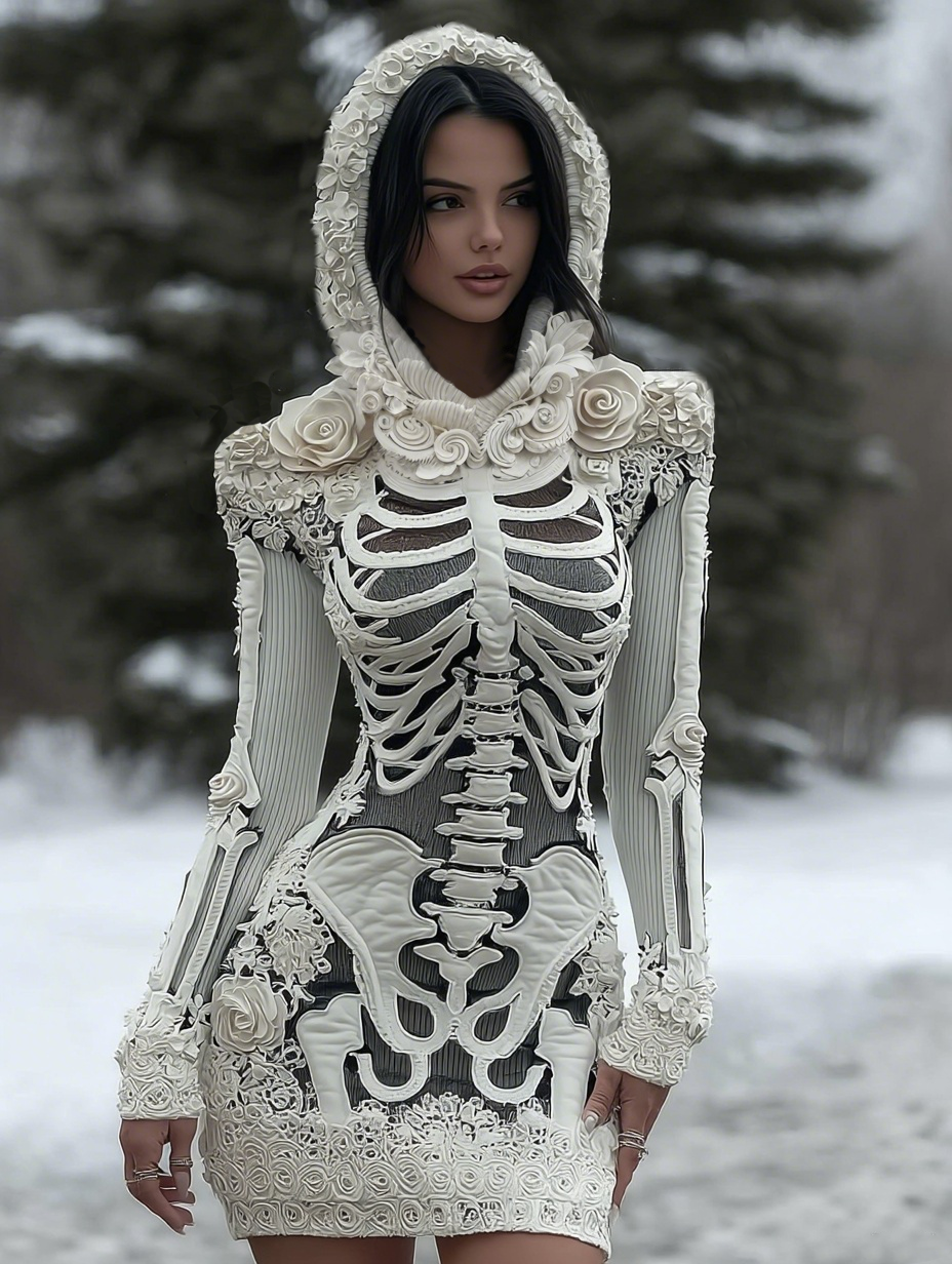 Comstylish Women's Vintage Halloween Skeleton Bones With Rose Art Cozy Knit Hooded Sweater Dress