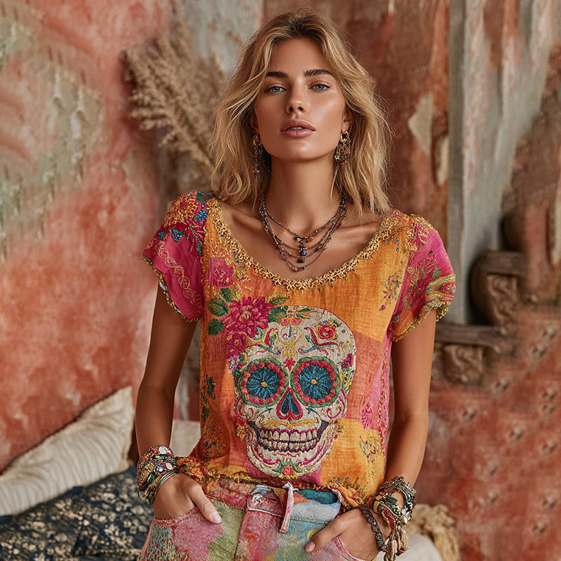 Women's Classic Mexican Sugar Skeleton Catrina Day Of The Dead Inspired Painting Embroidered Casual Linen T-shirt elevenforest