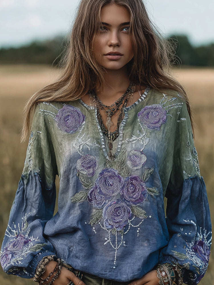 Women's Embroidery Rose Gradient Casual Long-sleeved Shirt elevenforest