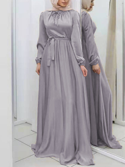 Long Sleeves Loose Pleated Color Tied Waist Maxi Dresses