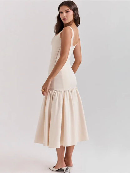 Backless Maxi Fishtail Dress for Gown Square Collar Sleeveless Loose Pleated Long Dress Dresses