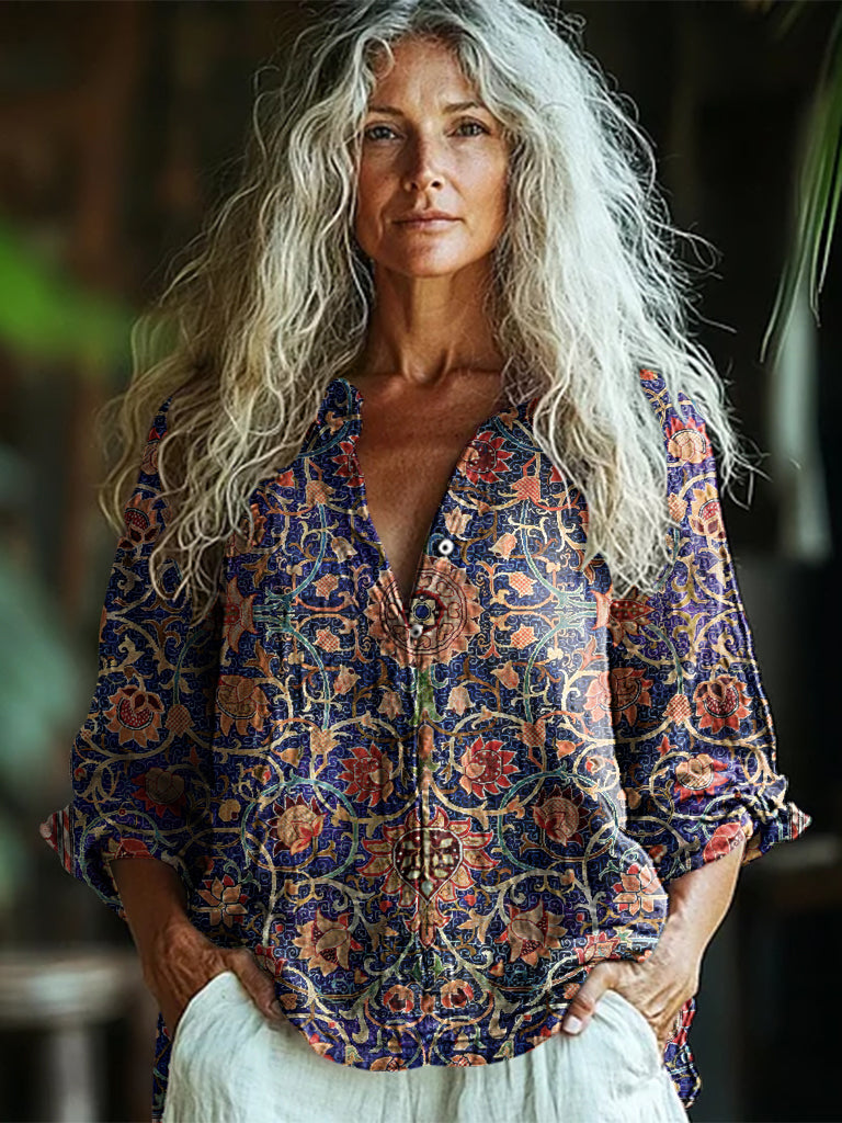 Bohemian Style Holland Park Morris Linen Print  Long Sleeve Shirt elevenforest
