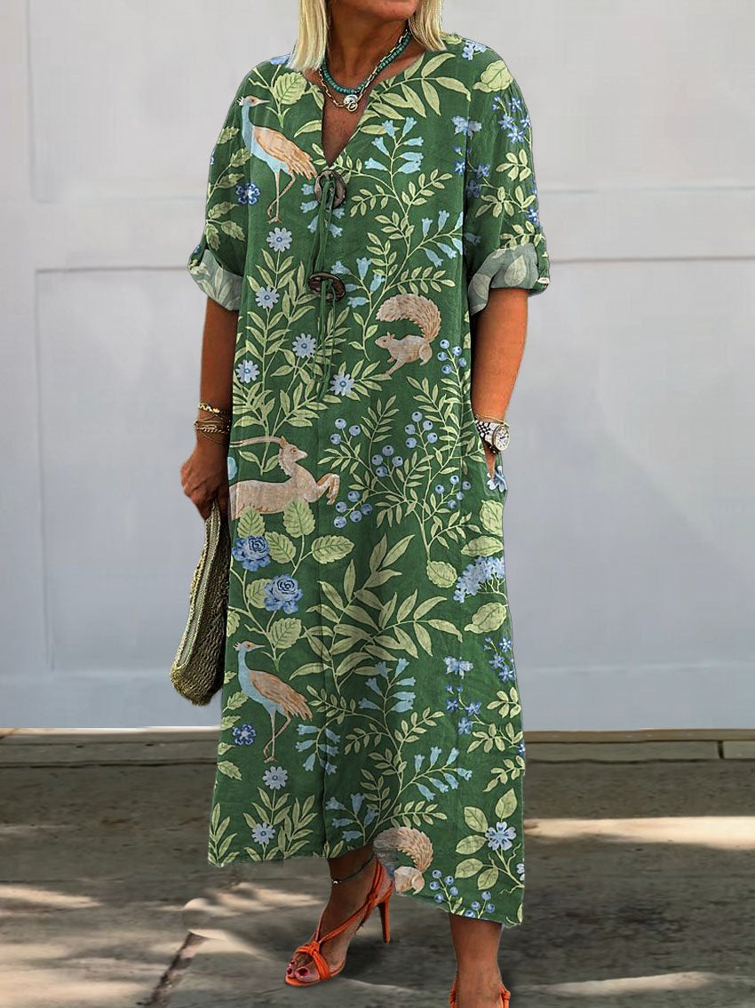 Women's Vintage Lovely Animals Woodland  Art Print Pocket Cotton Dress