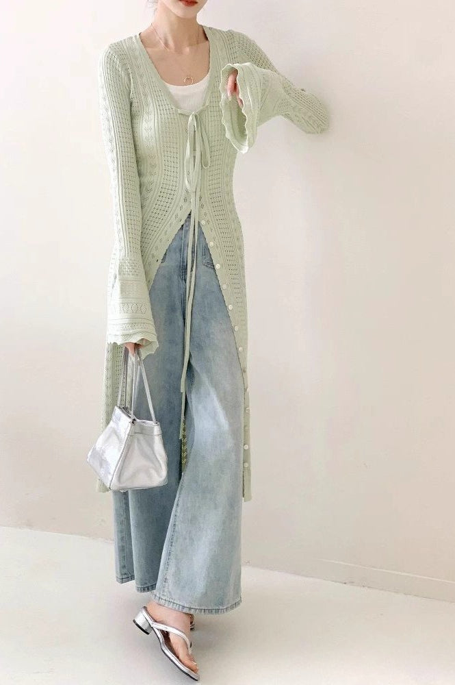 Lightweight Light Green V-neck Bell-sleeve Lace-up Midi Knit Cardigan