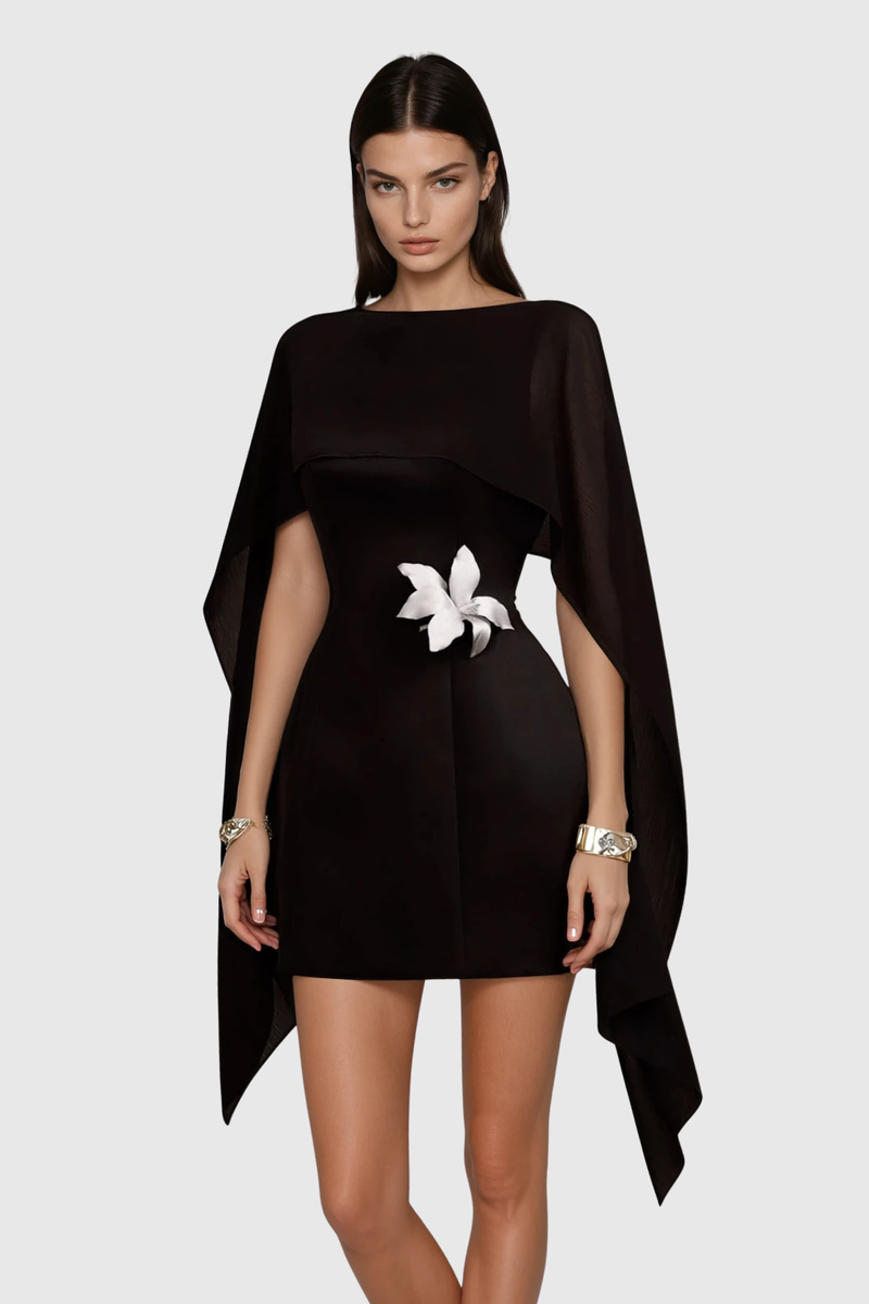 Davina Shawl Flower Mini Dress in Black