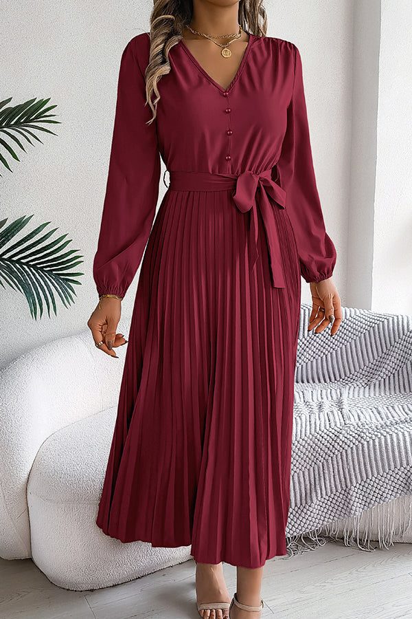 Color V-neck Buttoned Lace-up Pleated Maxi Dress