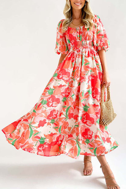 Square Neck Printed Puff Sleeve Long Dress