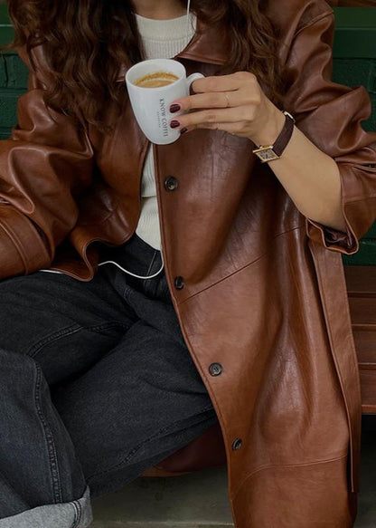 Brown Belted Leather Trench Coat - Single-breasted